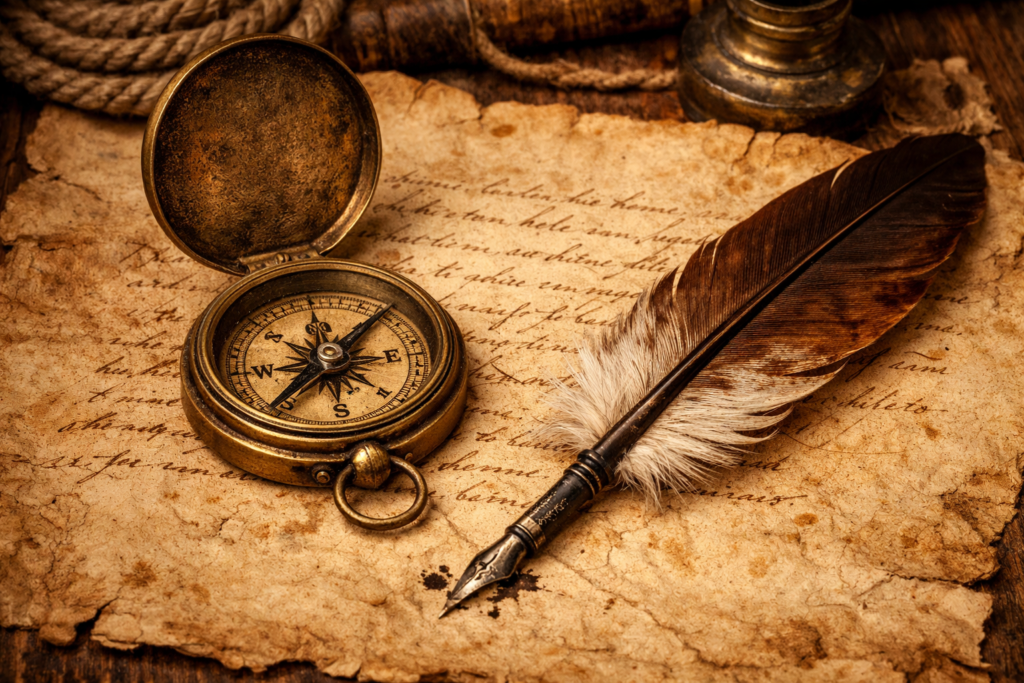 Brass compass and feather quill on aged parchment with cursive writing
