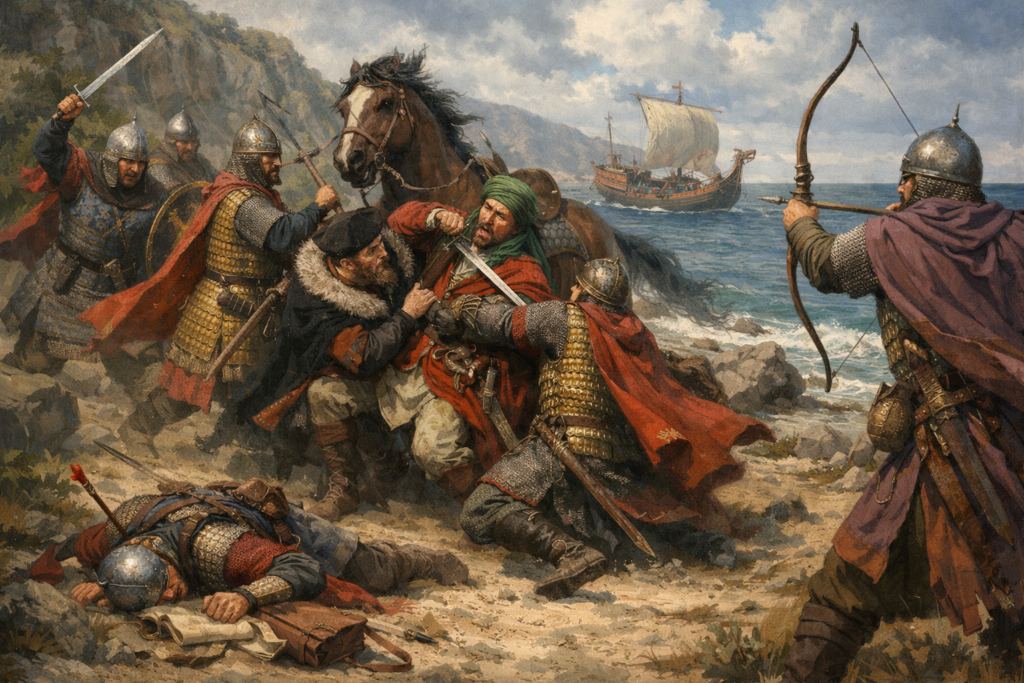 armed medieval warriors fighting near a rocky shoreline with a ship sailing in the sea